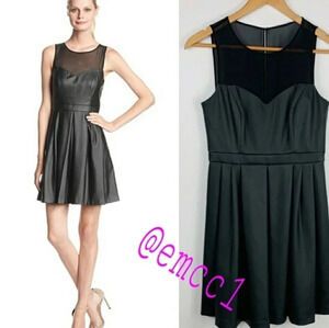 Ali Ro Black Faux Leather Pleated Dress Silk Lace